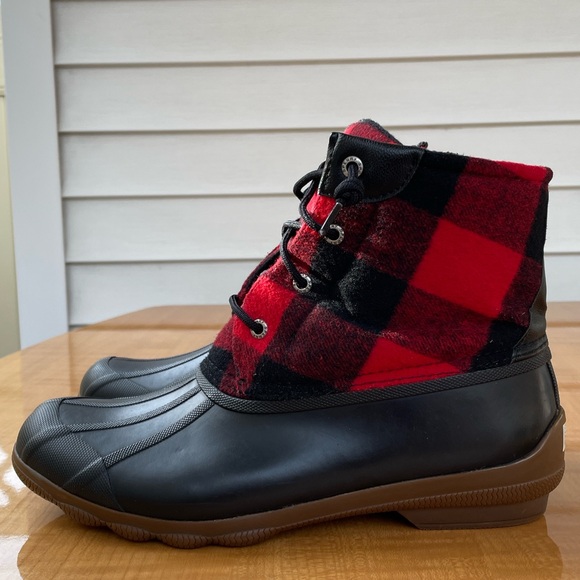 Sperry Syren Red Check Buffalo Plaid Flannel Womens Duck Boots Size 10 - Picture 11 of 12